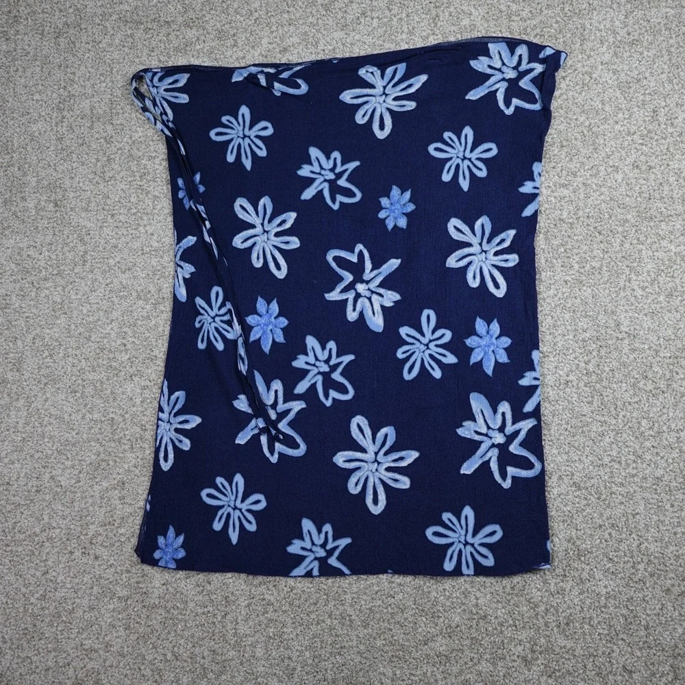 Blue Linen Blend Floral Sarong Wrap Skirt Beach Coverup Navy Light Blue Tropical